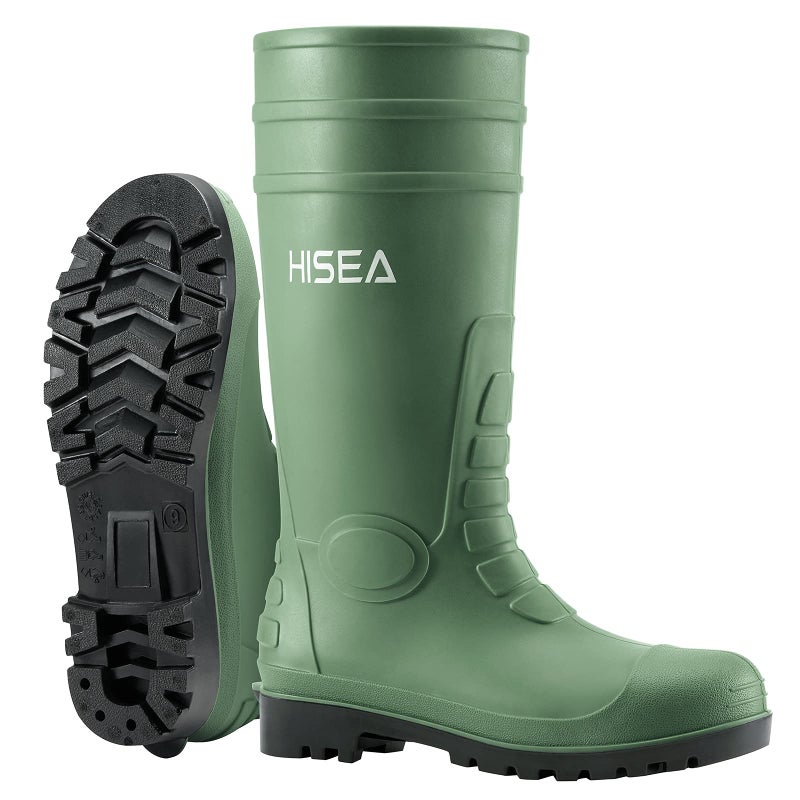 HISEA Men's Steel Toe Rain Boots PVC Rubber Boots, Waterproof Garden Fishing Outdoor Work Boots, Durable Slip Resistant Knee Boots for Agriculture and Industrial Working, Green Size 11 - Image 1