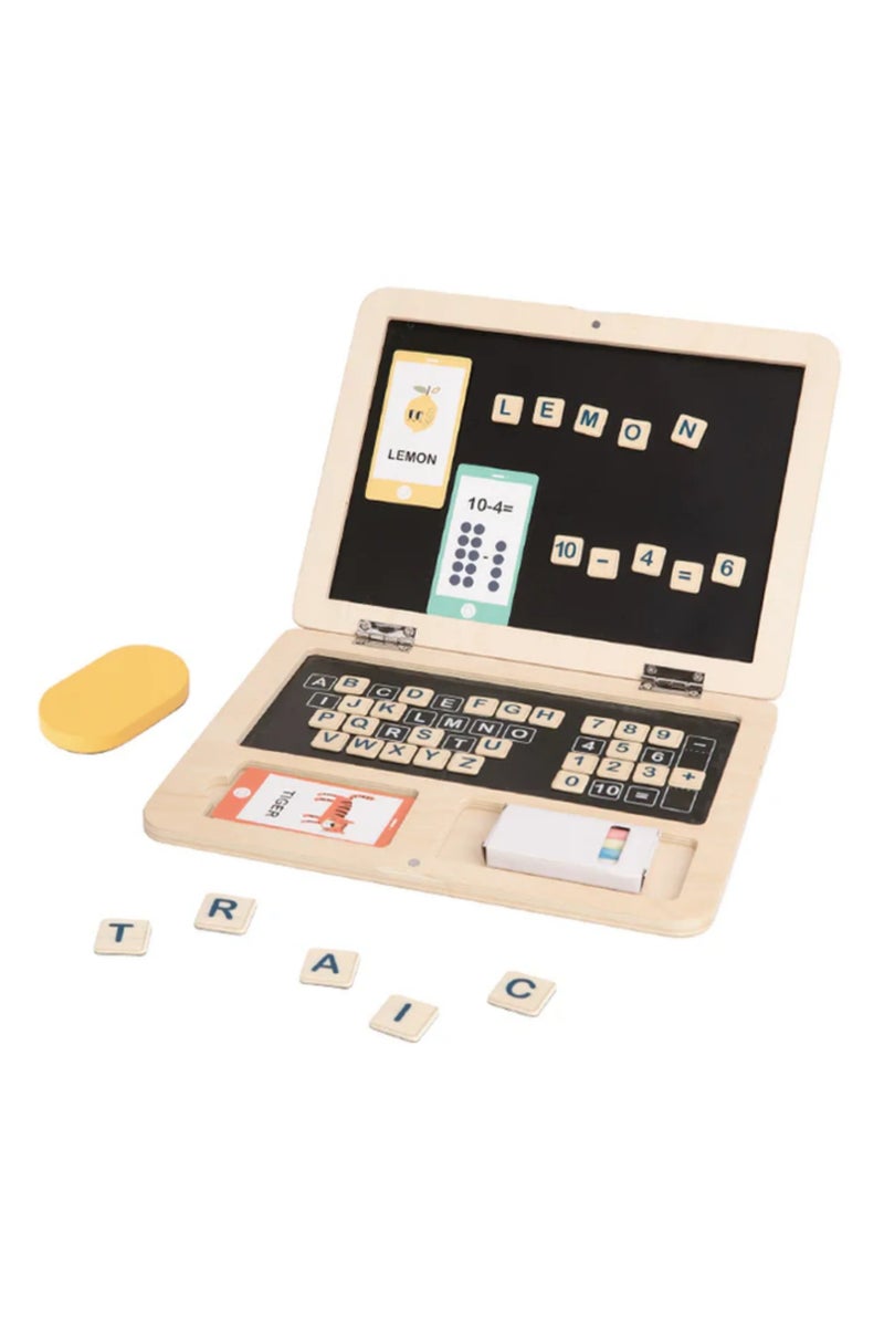 Wooden Activity Centre Laptop Toy for Kids – Educational Magnetic Blackboard with Alphabet Tiles, Number Keys, Flashcards & Chalk – Montessori Learning Toy for Ages 3–6  - Image 1