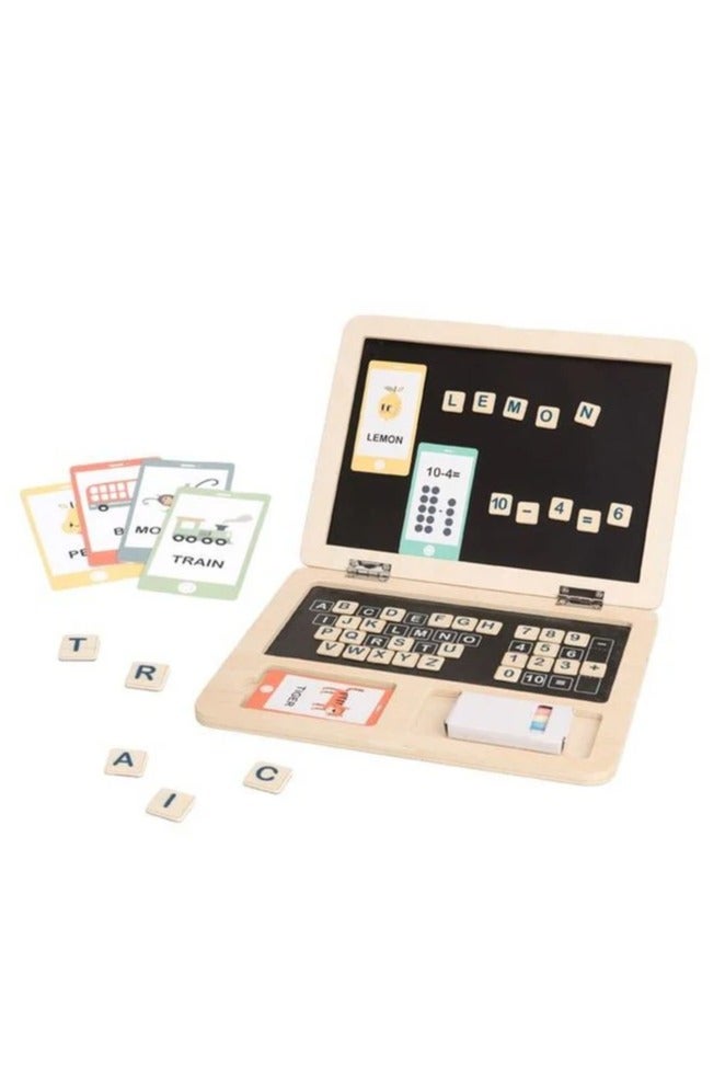 Wooden Activity Centre Laptop Toy for Kids – Educational Magnetic Blackboard with Alphabet Tiles, Number Keys, Flashcards & Chalk – Montessori Learning Toy for Ages 3–6  - Image 2