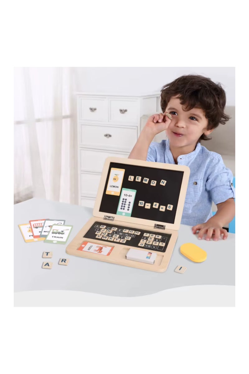 Wooden Activity Centre Laptop Toy for Kids – Educational Magnetic Blackboard with Alphabet Tiles, Number Keys, Flashcards & Chalk – Montessori Learning Toy for Ages 3–6  - Image 3