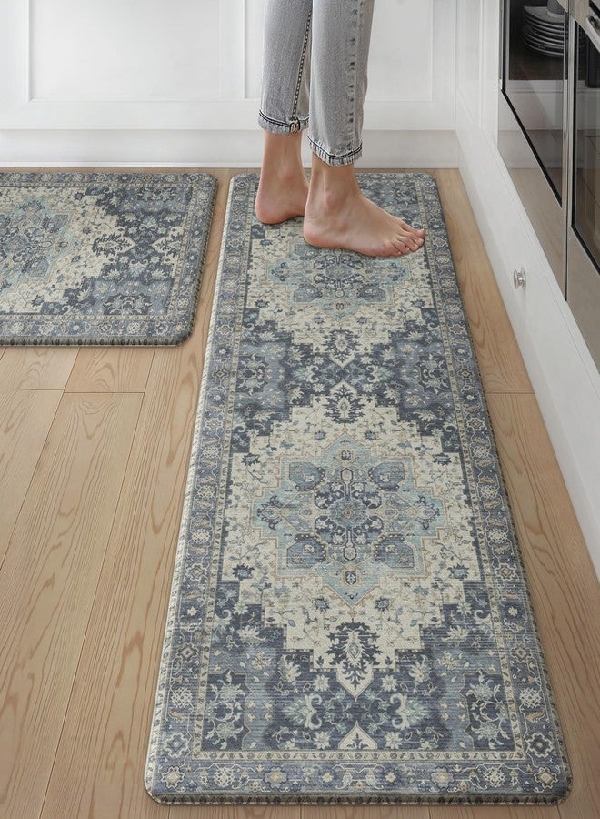 GENIMO Kitchen Mats for Floor 2PCs, Washable Anti Fatigue Mat for Cushioned, 17.3"x47"+17.3"x30", Waterproof Kitchen Rugs, Non Slip Comfort Standing Mat Rug for Home, Sink, Laundry, Center Blue - Image 1