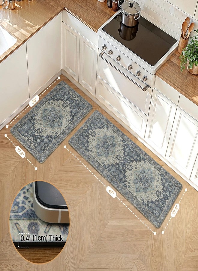 GENIMO Kitchen Mats for Floor 2PCs, Washable Anti Fatigue Mat for Cushioned, 17.3"x47"+17.3"x30", Waterproof Kitchen Rugs, Non Slip Comfort Standing Mat Rug for Home, Sink, Laundry, Center Blue - Image 2