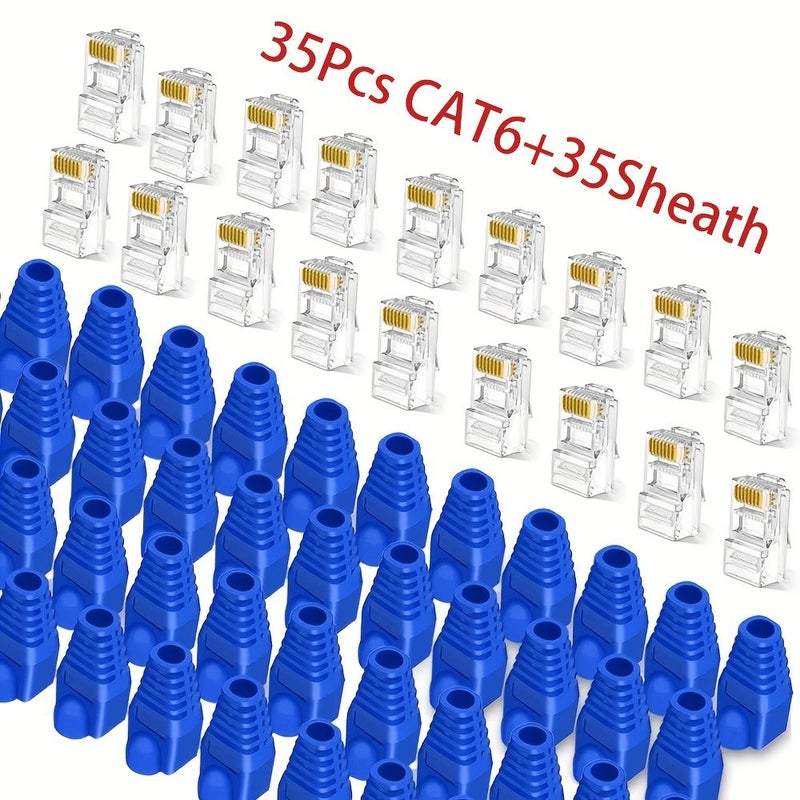 موصلات Cat6 RJ45 من النوع المار (35 قطعة) مع أغطية واقية زرقاء - Image 1