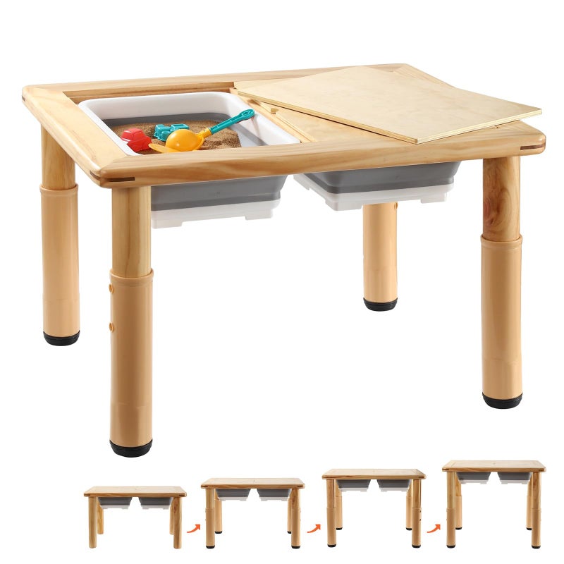 FUNLIO Wooden Sensory Table with 2 Bins for Toddlers 15 4Level Height Adjustable Kids Activity Table with AntiWarping Plywood Lid IndoorOutdoor Play Sand and Water Table CPC Certified