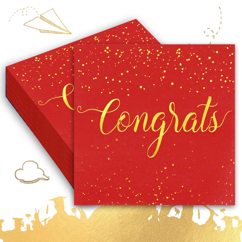 Whaline 80Pcs Congratulations Paper Napkins Gold Foil Congrats Cocktail Napkins Red Graduation Party Disposable Beverage Napkins for Engagement Graduation Baby Shower Celebration Party - Image 2