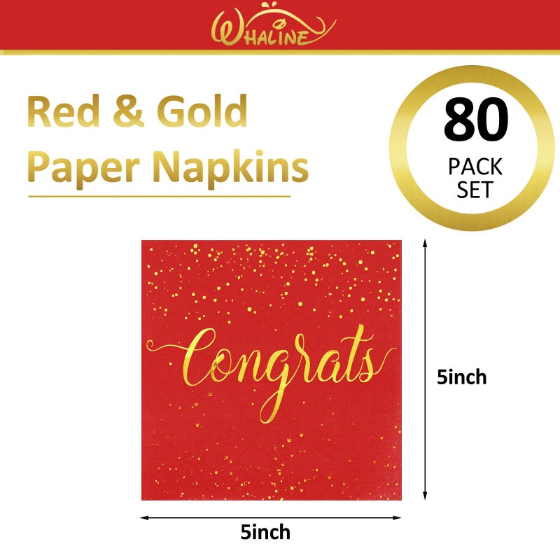 Whaline 80Pcs Congratulations Paper Napkins Gold Foil Congrats Cocktail Napkins Red Graduation Party Disposable Beverage Napkins for Engagement Graduation Baby Shower Celebration Party - Image 1
