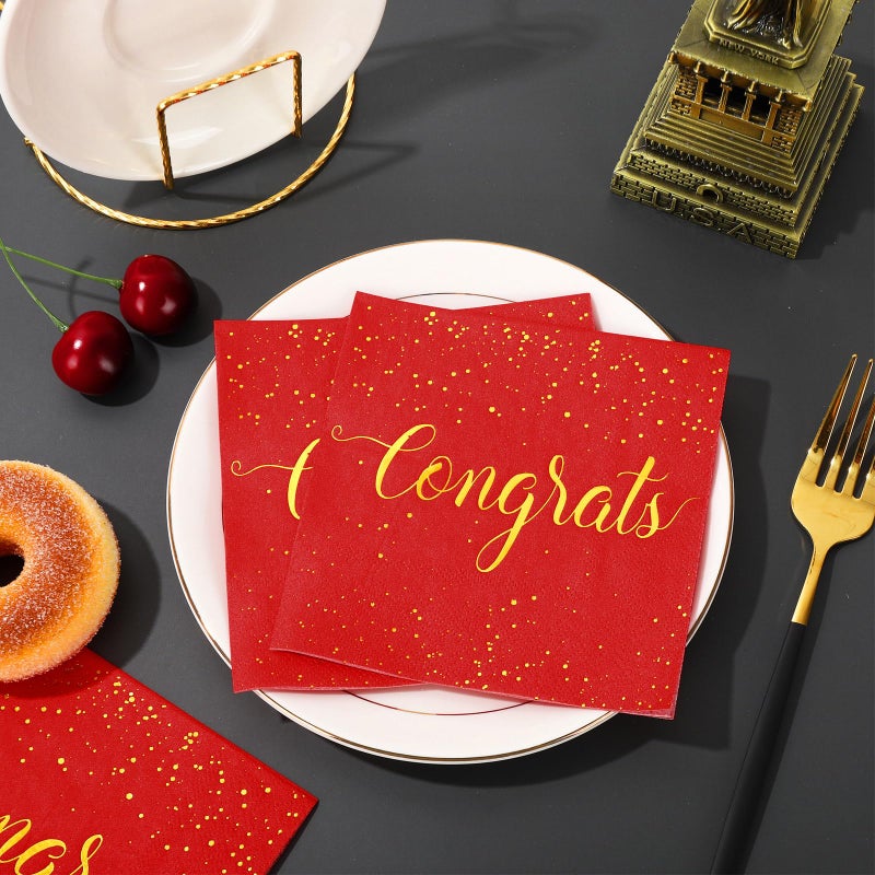 Whaline 80Pcs Congratulations Paper Napkins Gold Foil Congrats Cocktail Napkins Red Graduation Party Disposable Beverage Napkins for Engagement Graduation Baby Shower Celebration Party - Image 4