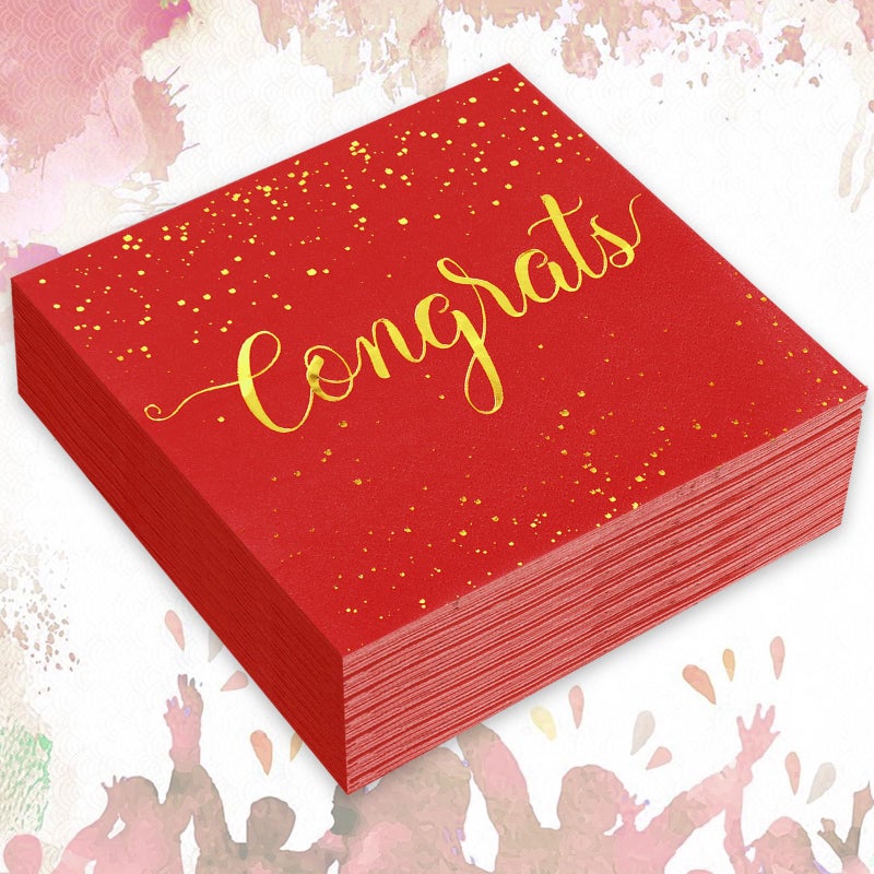 Whaline 80Pcs Congratulations Paper Napkins Gold Foil Congrats Cocktail Napkins Red Graduation Party Disposable Beverage Napkins for Engagement Graduation Baby Shower Celebration Party - Image 3