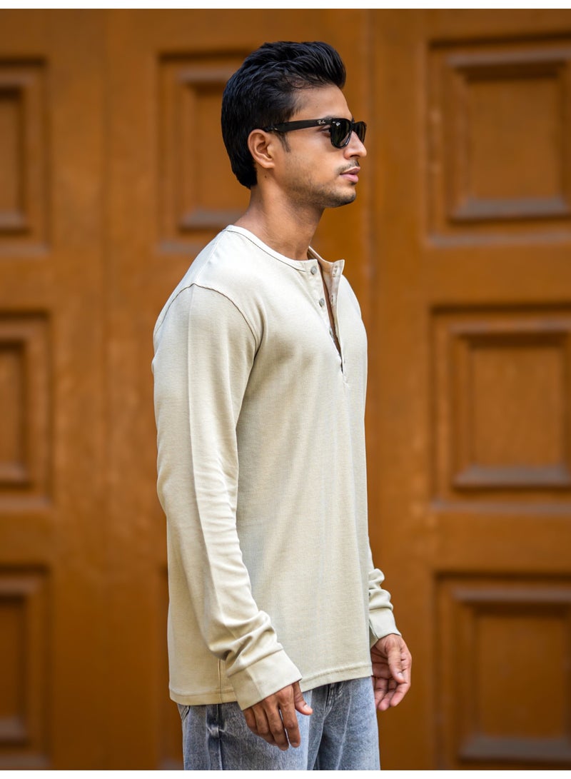 Maniac Maniac Mens Solid Waffle Texture Henley Neck Full Sleeve Beige Cotton T-Shirt - Image 3