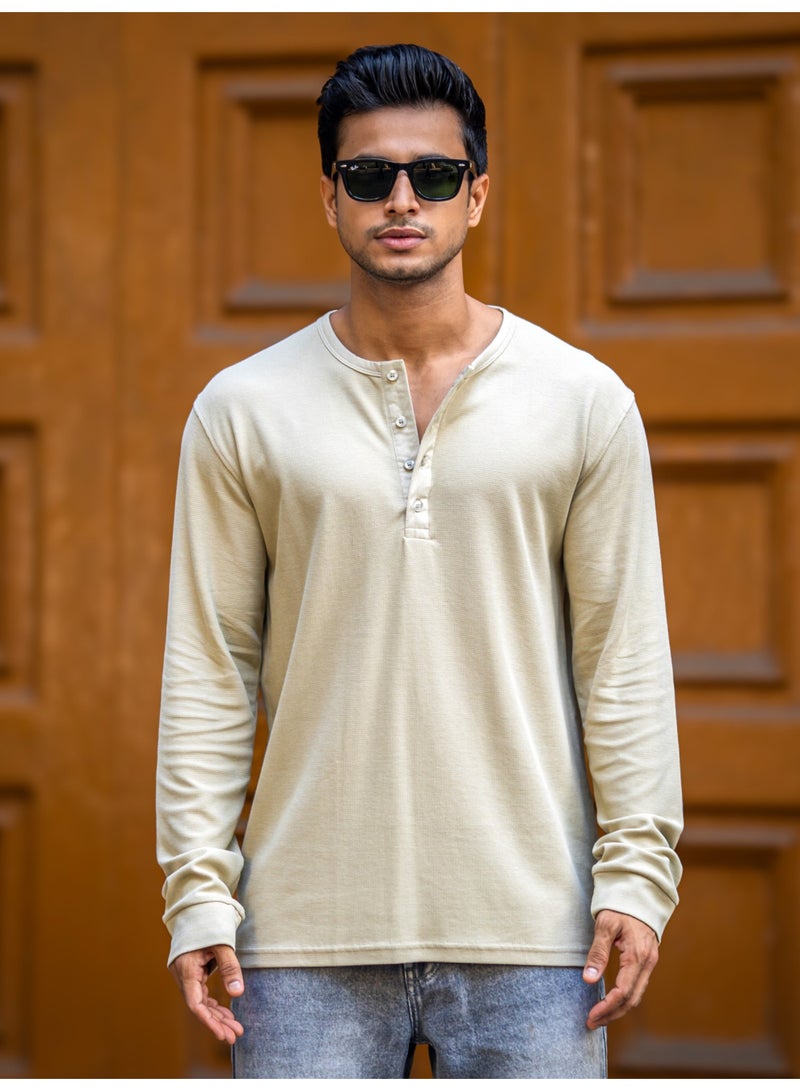 Maniac Maniac Mens Solid Waffle Texture Henley Neck Full Sleeve Beige Cotton T-Shirt - Image 2