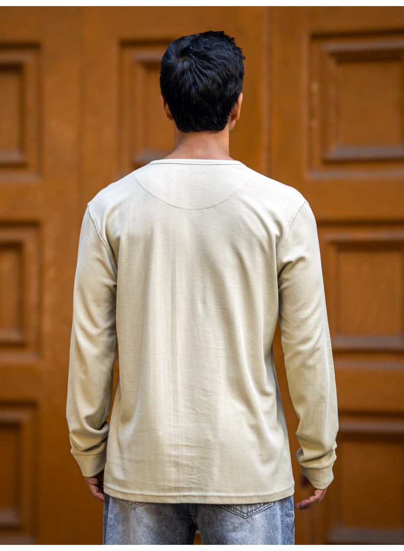 Maniac Maniac Mens Solid Waffle Texture Henley Neck Full Sleeve Beige Cotton T-Shirt - Image 4