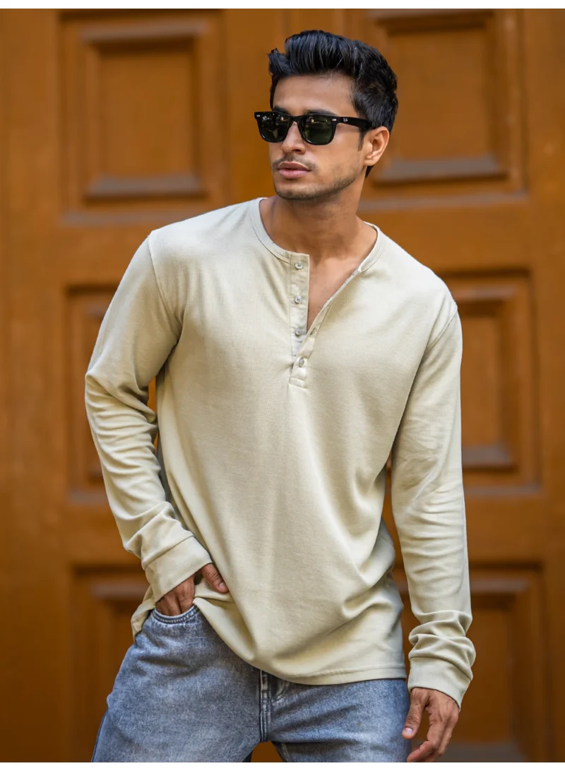 Maniac Maniac Mens Solid Waffle Texture Henley Neck Full Sleeve Beige Cotton T-Shirt