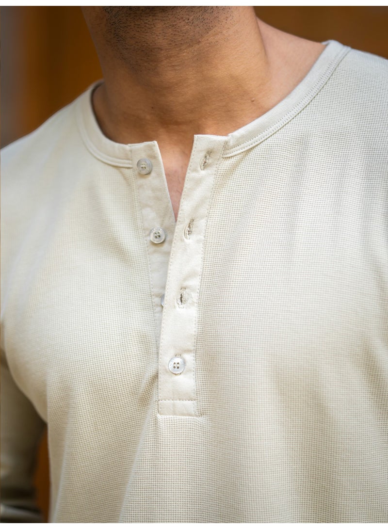 Maniac Maniac Mens Solid Waffle Texture Henley Neck Full Sleeve Beige Cotton T-Shirt - Image 5