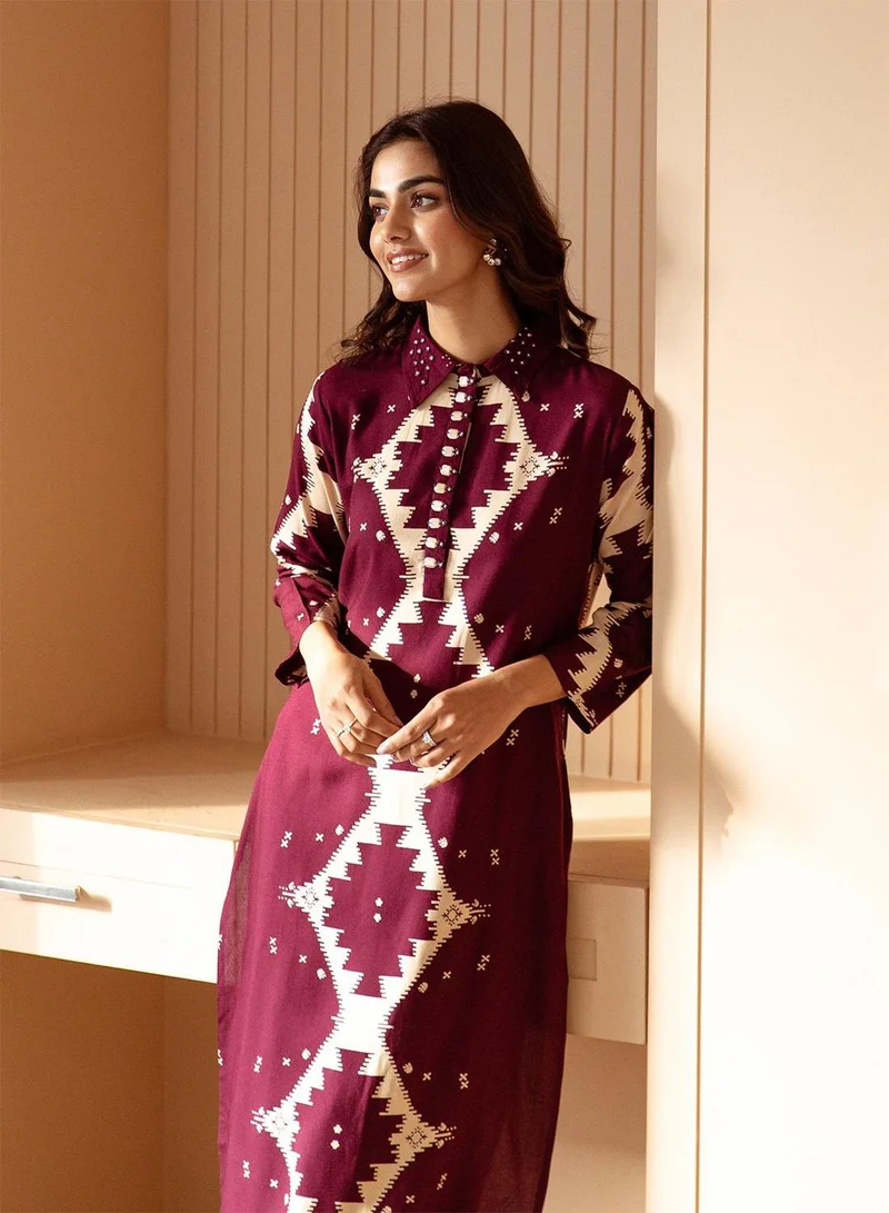 Women Wine Cotton Kurta set with Dupatta