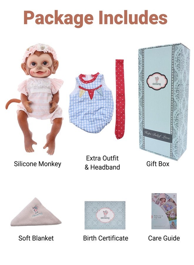 Cloveray 13 Inch Silicone Monkey Baby Doll, Full Body Solid Platinum Silicone Reborn Monkey with Long Tail, Joyful Open-Mouth Smile, Hand Rooted Hair and 2 Outfits, Gift for Kids Ages 3+ - Image 5