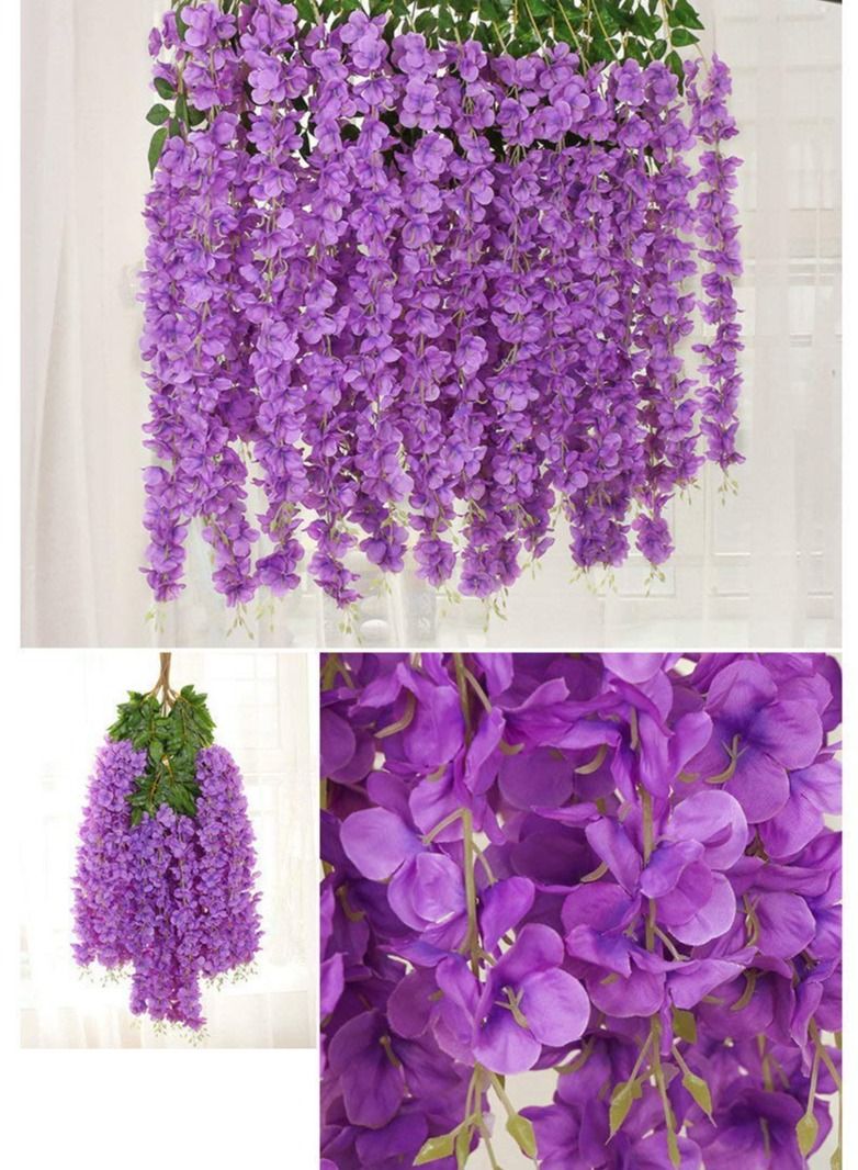 12pcs Artificial Silk Wisteria Vine Ratta Silk Hanging Flower Wedding Decor Purple - Image 4