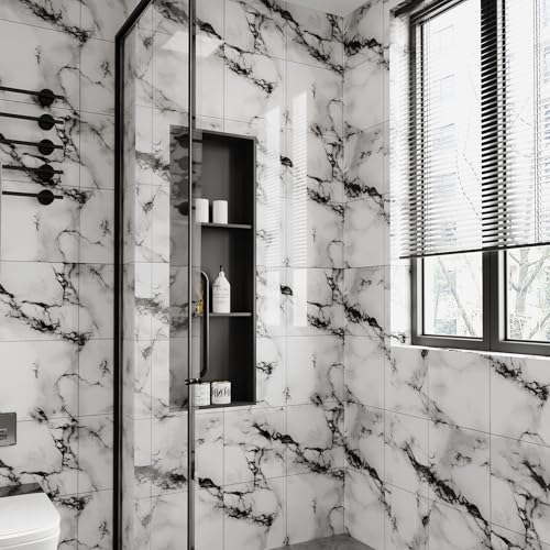 LVSHI 20pcs Marble Peel and Stick Waterproof PVC Shower Wall Panels Bathroom Backsplash Tile Stick on Wall for Bedoom Kitchen 118x118 Ink and White194 SqFt - Image 3
