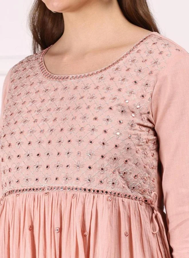 ISHIN Ishin Women Peach Mirror Embroidered 3/4 Sleeve A-Line Midi Dress