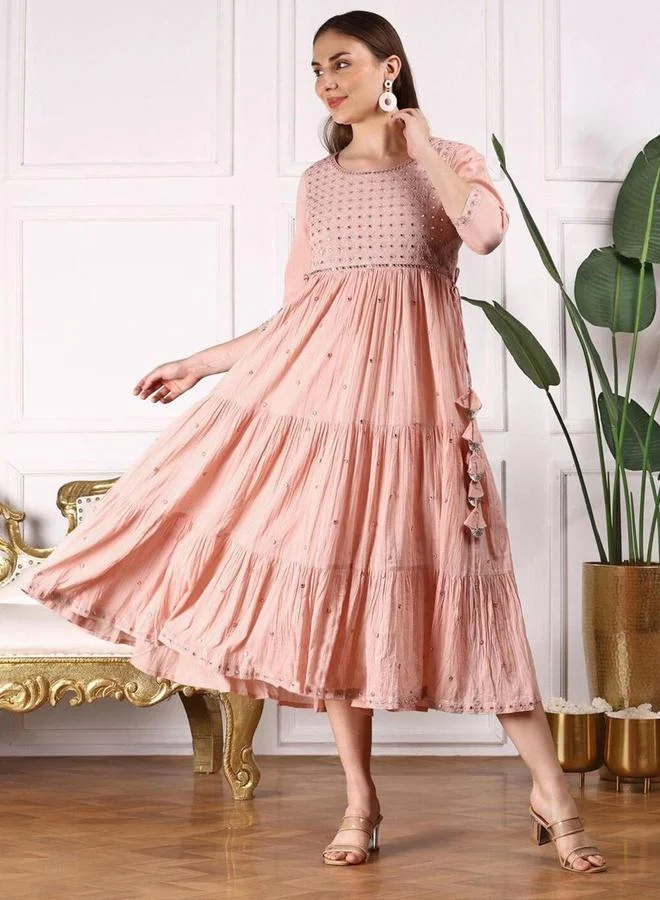 ISHIN Ishin Women Peach Mirror Embroidered 3/4 Sleeve A-Line Midi Dress