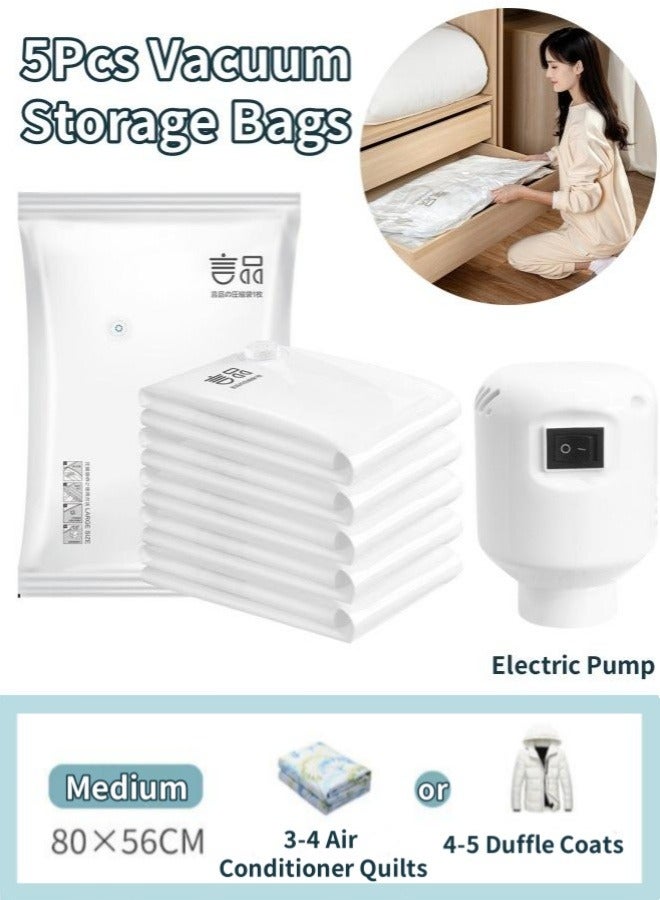 5Pcs Vacuum Storage Bags, 80 x 56cm Space Saver Bags Reusable Vacuum Seal Bags Vacuum Sealed Compression Bags with Electric Pump,Valve, Zip Sealed, for Clothes, Mattress, Blanket, Duvets, Pillows, Comforters, Quilt, Travel - Image 1