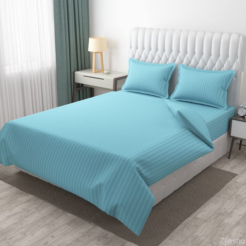 HOMECROWN Microfiber Soft Cotton King Size Double Bedsheet Set with 2 Pillow Covers Elegant Satin Striped Design 90x100 inches Ideal for Home Hotels and Guest Rooms Sky Blue Color - Image 2