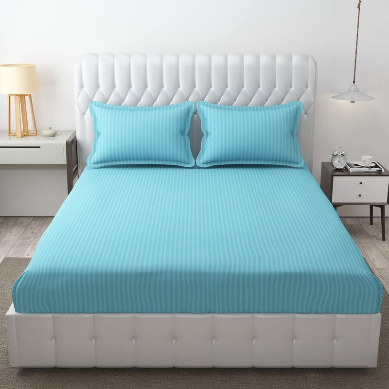 HOMECROWN Microfiber Soft Cotton King Size Double Bedsheet Set with 2 Pillow Covers Elegant Satin Striped Design 90x100 inches Ideal for Home Hotels and Guest Rooms Sky Blue Color - Image 1