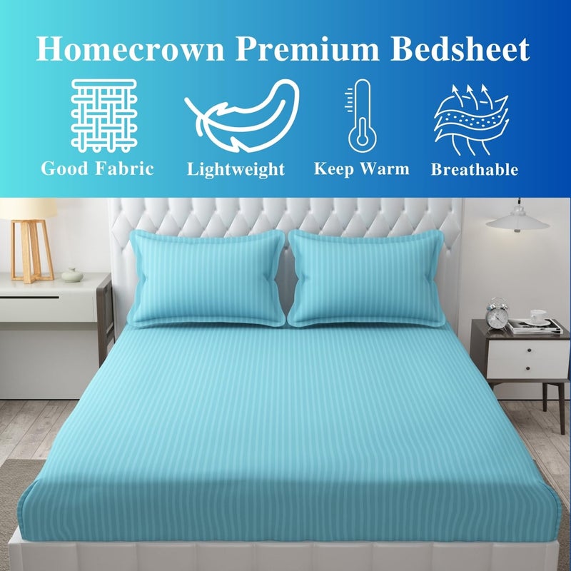 HOMECROWN Microfiber Soft Cotton King Size Double Bedsheet Set with 2 Pillow Covers Elegant Satin Striped Design 90x100 inches Ideal for Home Hotels and Guest Rooms Sky Blue Color - Image 3
