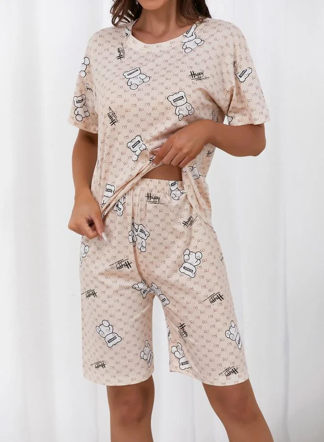 Take Two Beige Beige Bear Print T-Shirt and Short Set for Women | Best Price UAE