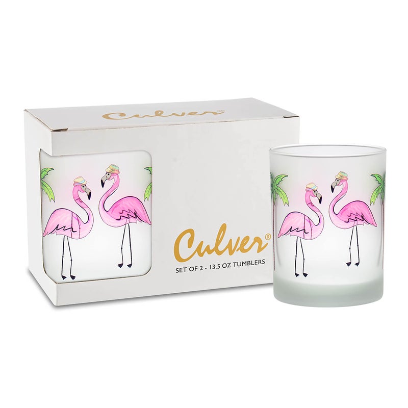 Culver Tropical Decorated Frosted Double Old Fashioned Tumbler Glasses 135Ounce Gift Boxed Set of 2 Fedora Pink Flamingos