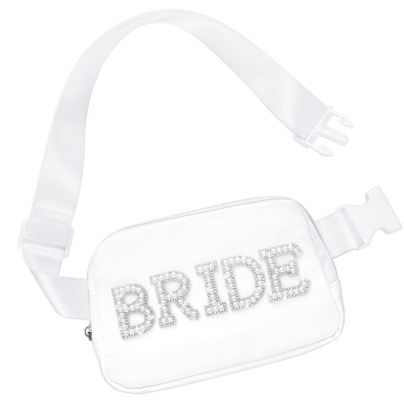 Lamyba Bride Gifts, Bachelorette Gifts for Bride Fanny Pack, Bride to be Gifts, Bride Purse for Bachelorette Party Wedding Day Engagement Honeymoon, Pearl Bride Belt Bag White - Image 1