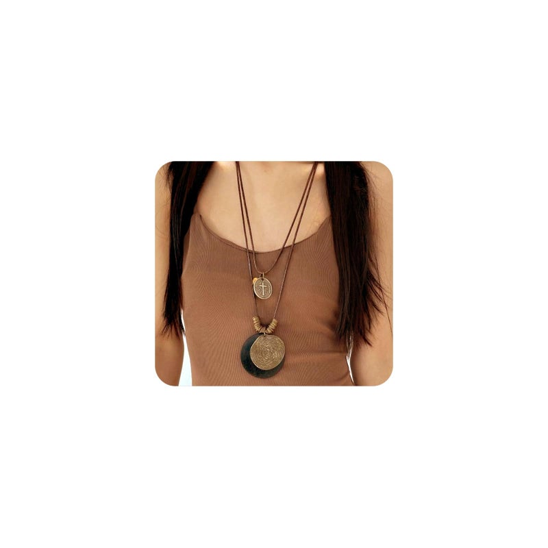 GIGB PBDK Long Boho Necklaces for Women Stacking Leather Cord Wooden Disc Pendant Necklaces Choker Vintage Adjustable Trendy Necklace Jewelry Gift (Blcak-2) - Image 1