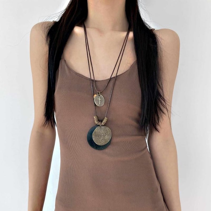 GIGB PBDK Long Boho Necklaces for Women Stacking Leather Cord Wooden Disc Pendant Necklaces Choker Vintage Adjustable Trendy Necklace Jewelry Gift (Blcak-2) - Image 3
