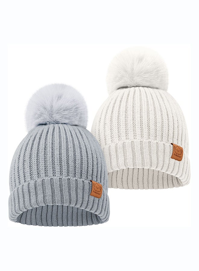KeaBabies 2-Pack Pom Knitted Beanie, Warm Baby Winter Hat, Cloud - Image 1