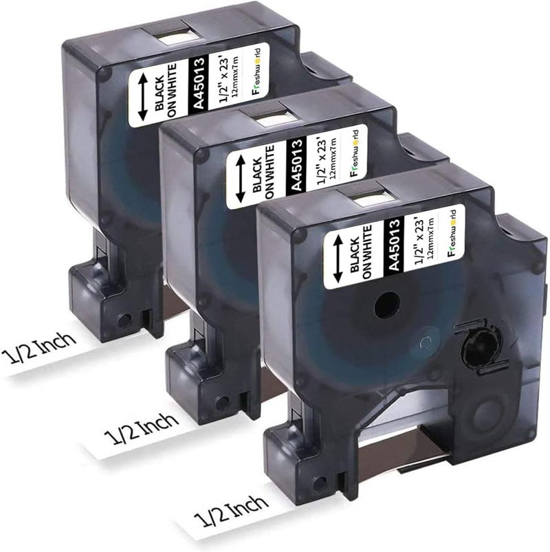 فريش ورلد 3-عبوة من شريط ملصقات متوافق مع DYMO D1 45013 S0720530 بديل لـ D1 A45013، أسود على أبيض، 1/2 بوصة × 23 قدمًا، لـ DYMO LabelManager 160 420P 210D 280 360D PnP - Image 1