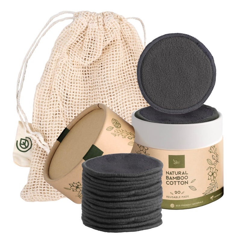 Greenzla Reusable Makeup Remover Pads 20 Pack Organic Dark Charcoal Bamboo Cotton Pads with Mesh Laundry Bag Cotton Travel Pouch Cotton Rounds Holder Sustainable Face Wipes for All Skin Types - Image 3