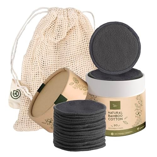 Greenzla Reusable Makeup Remover Pads 20 Pack Organic Dark Charcoal Bamboo Cotton Pads with Mesh Laundry Bag Cotton Travel Pouch Cotton Rounds Holder Sustainable Face Wipes for All Skin Types - Image 1