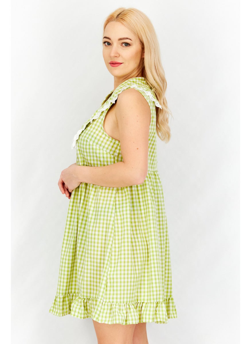 Vintage Supply - Women Gingham Pattern Mini Dress, Green Combo - Image 1