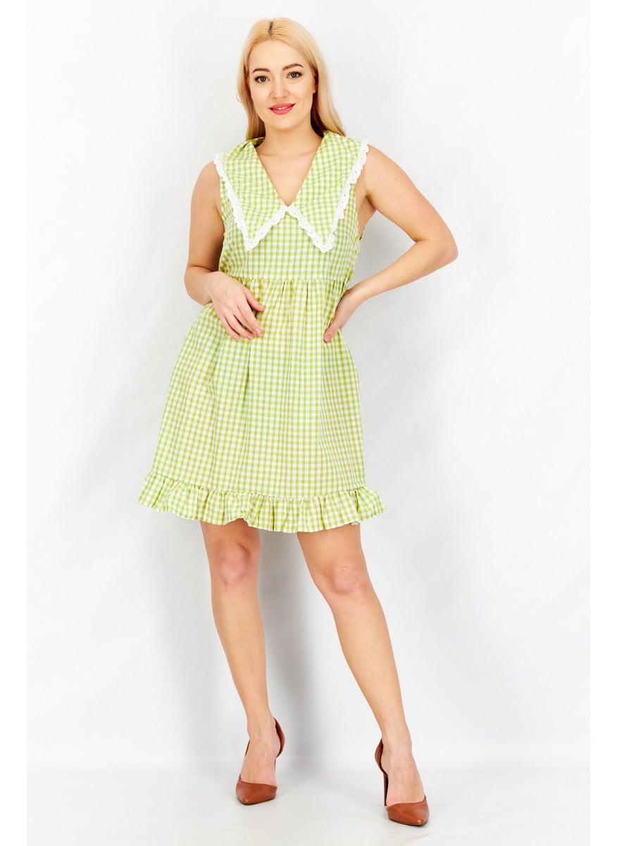 Vintage Supply - Women Gingham Pattern Mini Dress, Green Combo - Image 1