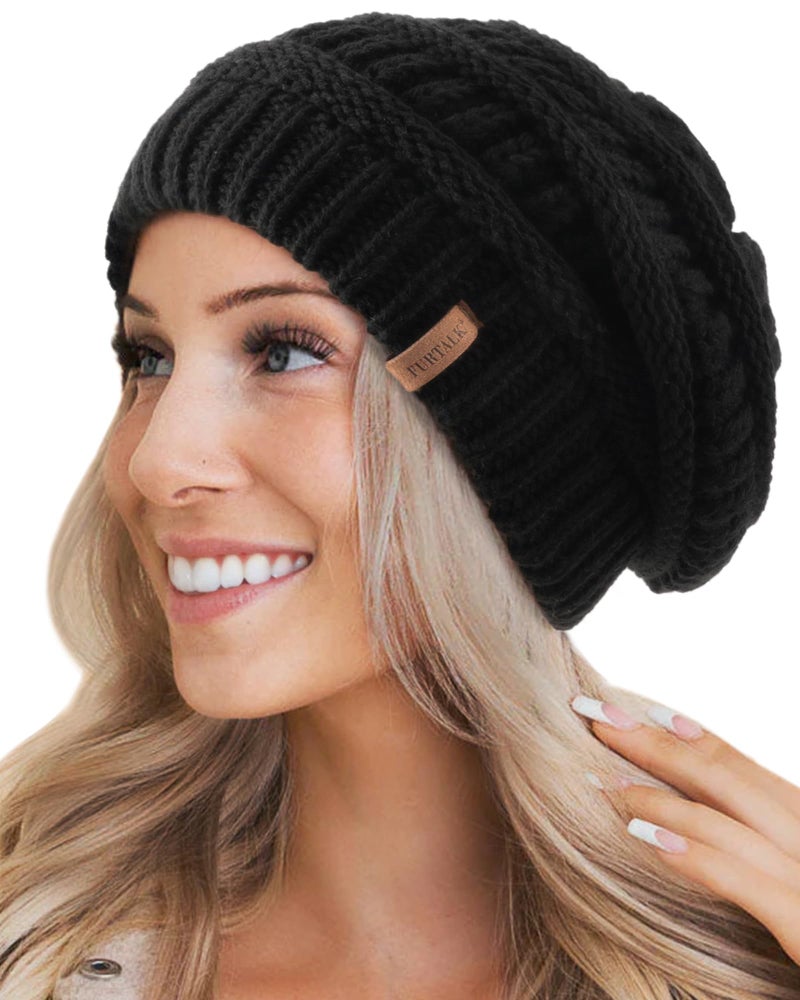 FURTALK Winter Hats for Women Fleece Lined Knit Beanie Hats Slouchy Warm Beanies Ski Skull Cap Black - Image 4