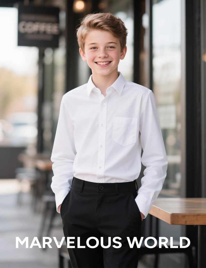 Marvelous World Boys' Long Sleeve Solid Buttoned Cuffs Dress Shirt Kids Casual Button Down Shirts White Size 10 - Image 2
