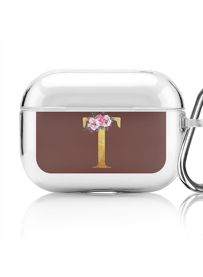 Stylizedd Classic Clear printed Case for Apple Airpods Pro Soft TPU Gel Thin Transparent Flexible Cover - Custom Monogram Initial Letter Floral Pattern Alphabet - T (Brown ) - Image 1