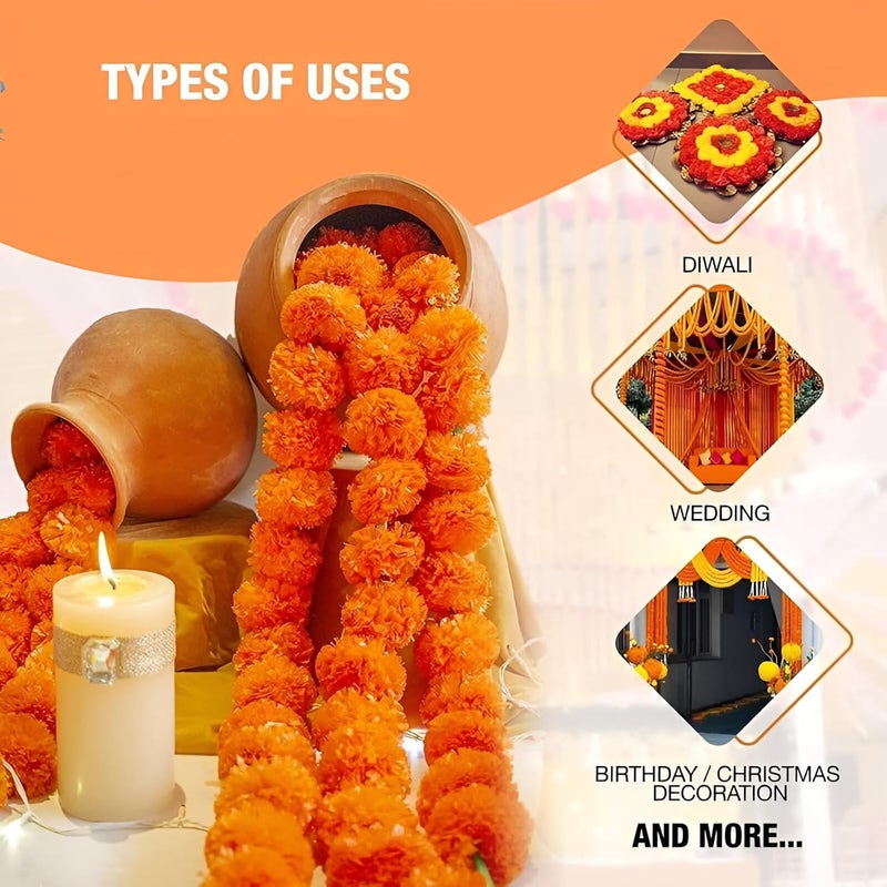 Artificial Marigold Flower with Saraca Asoca Leaf Garland for Decoration Doors Pooja Pandals windows etc Genda Phool and Ashok Patti ki Mala for Diwali Festivals and Special Occasions Pack of 5Pcs - Image 4