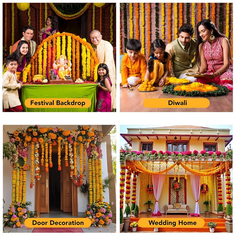 Artificial Marigold Flower with Saraca Asoca Leaf Garland for Decoration Doors Pooja Pandals windows etc Genda Phool and Ashok Patti ki Mala for Diwali Festivals and Special Occasions Pack of 5Pcs - Image 5