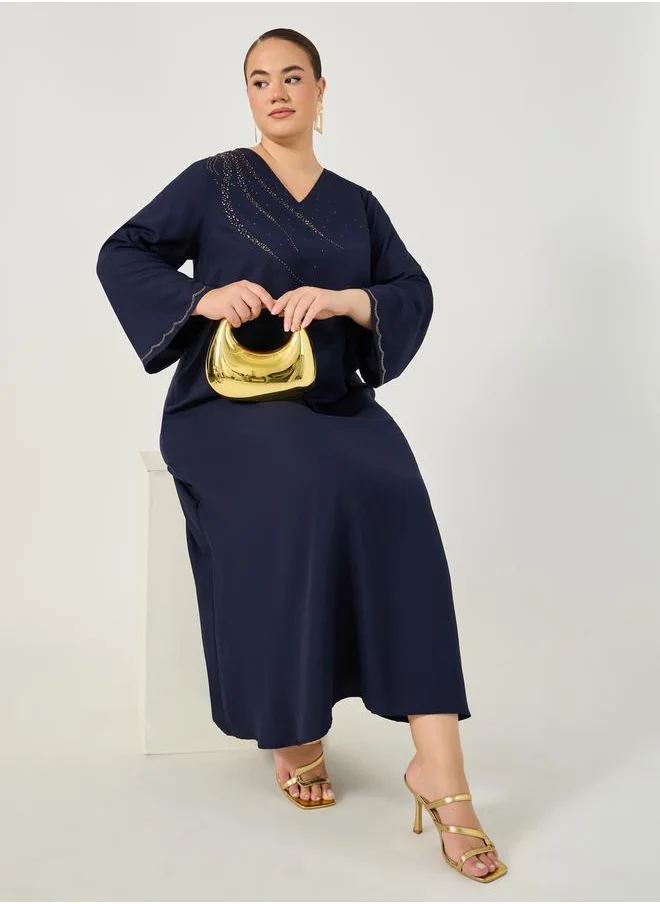 ستايلي Plus Size Rhinestone Embellished V Neck Jalabiya