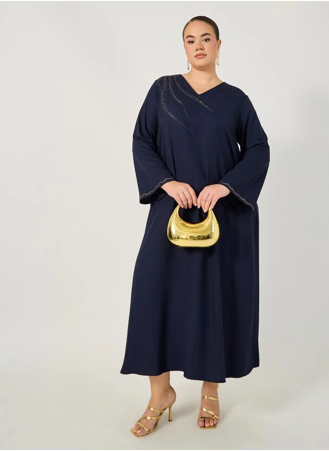 ستايلي Plus Size Rhinestone Embellished V Neck Jalabiya