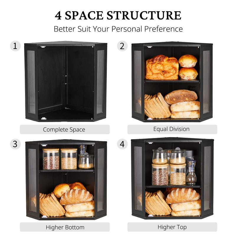 BRONYPRO Corner Bread Box for Kitchen Countertop, Double Layer Bamboo Breadbox with Adjustable Partition, Modern Bread Storage Organizer (Meduim Black) - Image 3