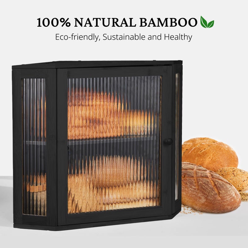 BRONYPRO Corner Bread Box for Kitchen Countertop, Double Layer Bamboo Breadbox with Adjustable Partition, Modern Bread Storage Organizer (Meduim Black) - Image 4