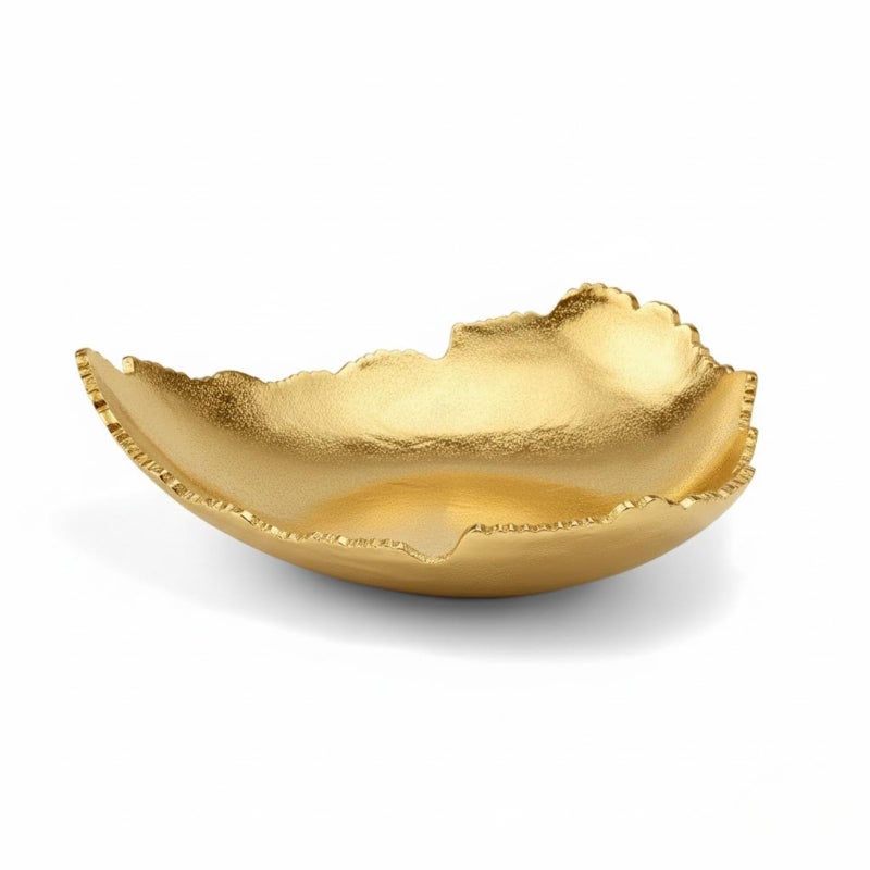 Gute 12 Inch Premium Decorative Antique Gold Hammered Torn Metal Centerpiece Bowl, Sculpted Leaf Edges Coated Golden Allure Aluminum Platter Modern Table Accent, Home Kitchen Dining Room Textured Display - Image 1
