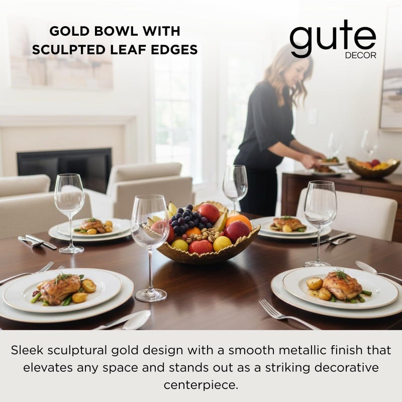 Gute 12 Inch Premium Decorative Antique Gold Hammered Torn Metal Centerpiece Bowl, Sculpted Leaf Edges Coated Golden Allure Aluminum Platter Modern Table Accent, Home Kitchen Dining Room Textured Display - Image 2