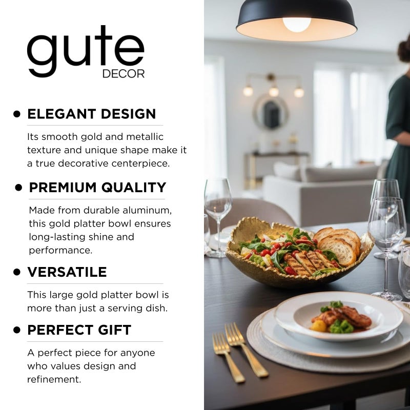 Gute 12 Inch Premium Decorative Antique Gold Hammered Torn Metal Centerpiece Bowl, Sculpted Leaf Edges Coated Golden Allure Aluminum Platter Modern Table Accent, Home Kitchen Dining Room Textured Display - Image 4